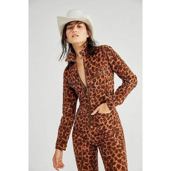 Free People Pants - Free People Lennox Cord Jumpsuit Fitted Stretch Coverall Leopard Size M New